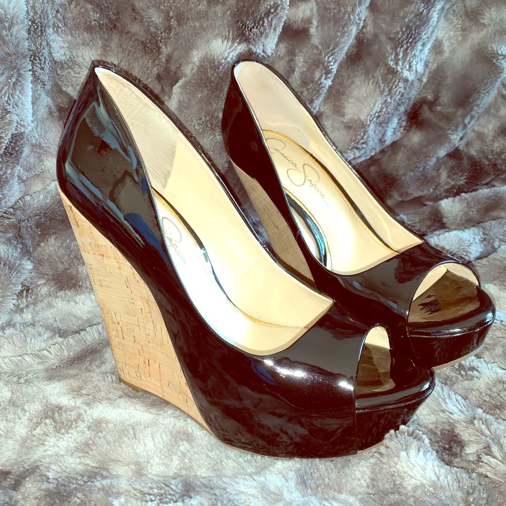 - Black Patent Leather and Cork Heels